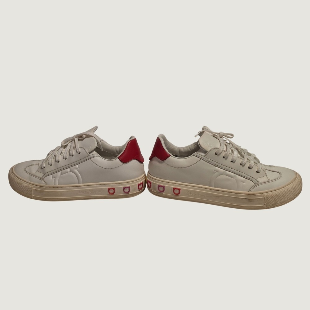 Salvatore Ferragamo Gancini Logo Charm White Red Leather Sneakers Size 7 C